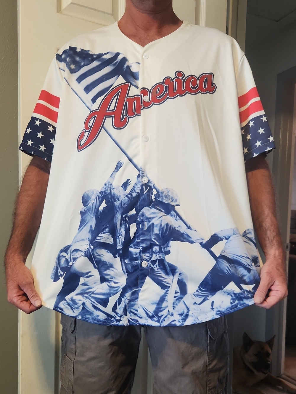 America Script Graphic Baseball Jersey - White, Blue & Red